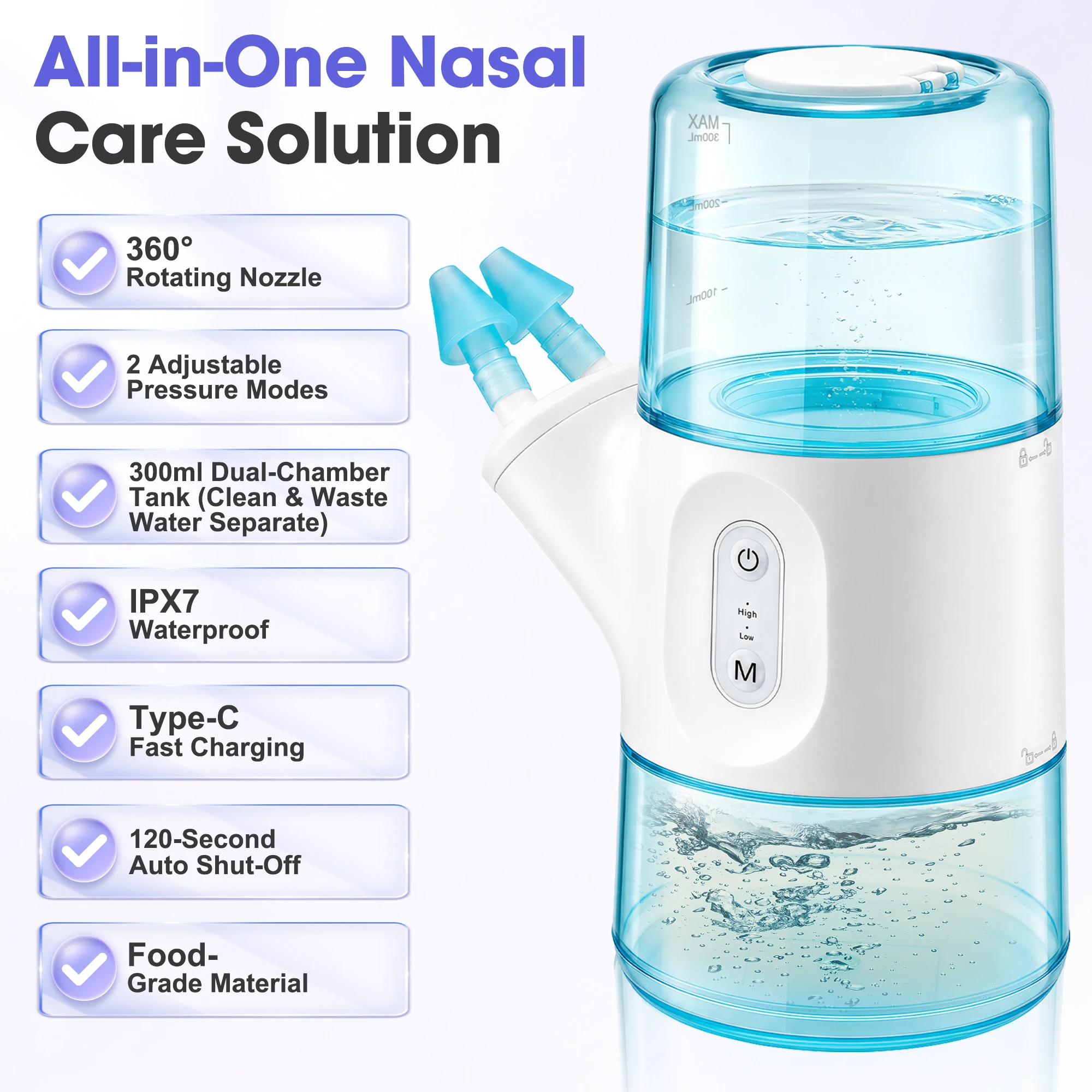 Rechargeable Nasal Irrigator,IPX7 Waterproof,300ml Dual-Chamber Tank,360° Rotating Tip,2 Pressure Modes,Sinus Rinse  Nasal Care