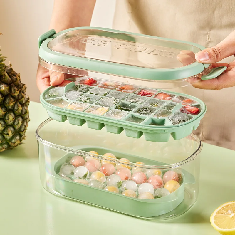 Silicone Ice Cube Tray with Lid and Storage Bin Ice Ball Maker Mold Reusable 2 Layers Plastic Mini Round Ice Ball Maker Mold