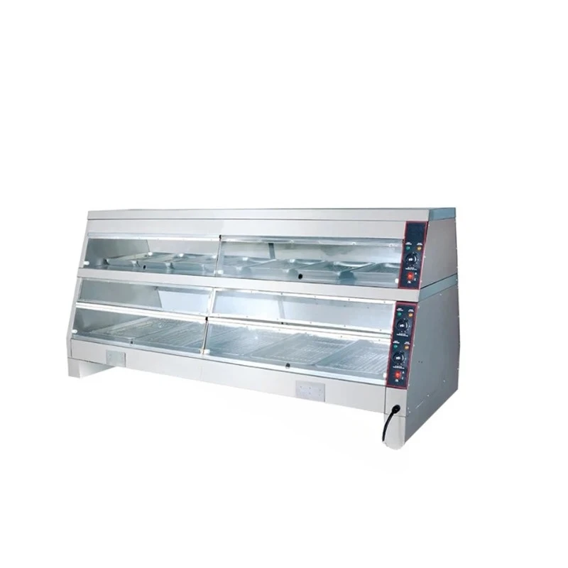 

Commercial Electric Stainless Steel Vertical 2 Layers Display Showcase with Curved Glass Food Warmer Equipment For Restaurant