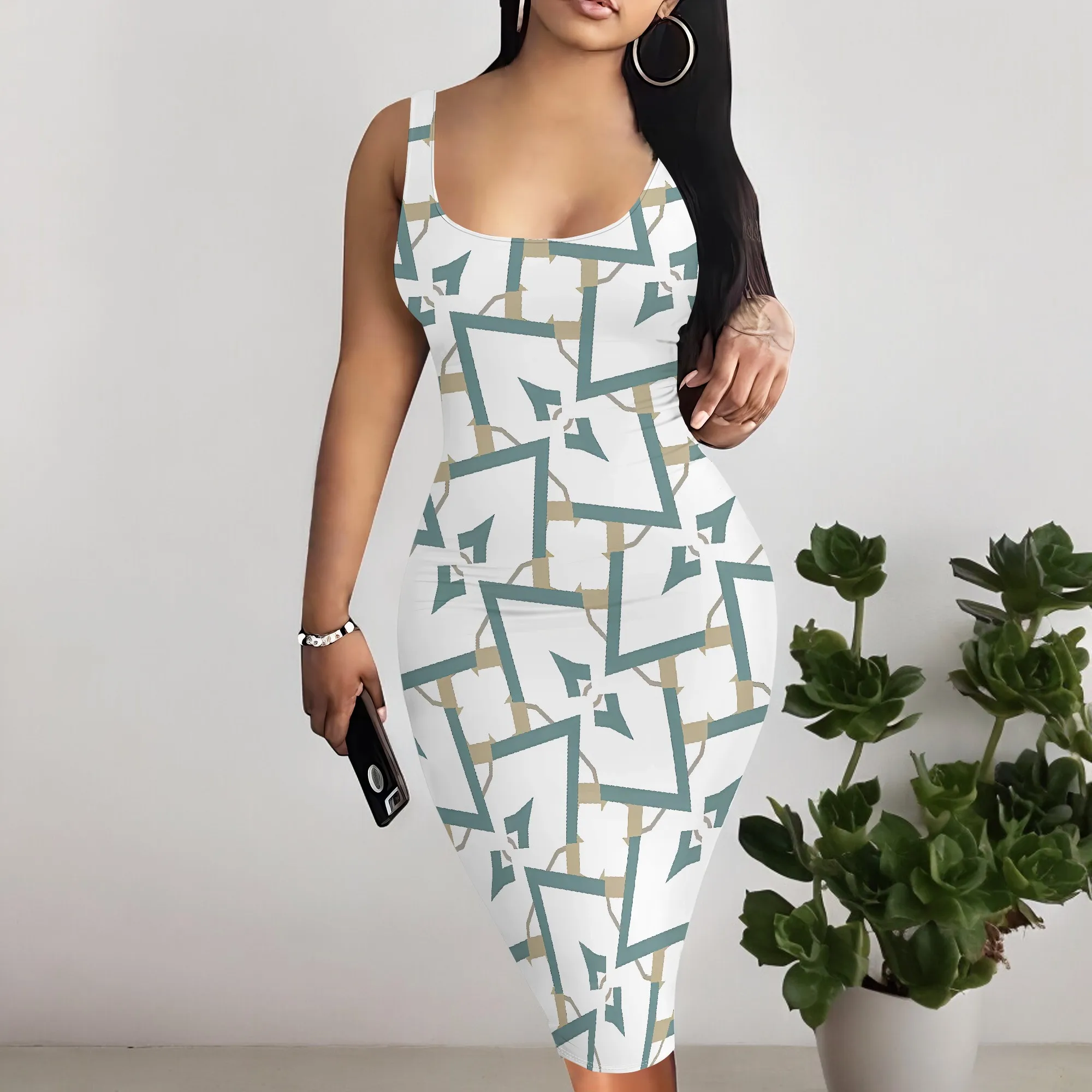

EQQZD Simple Geometric Pattern Print Dress, Sleeveless & Round Neck Suspender Midi Dress for Women