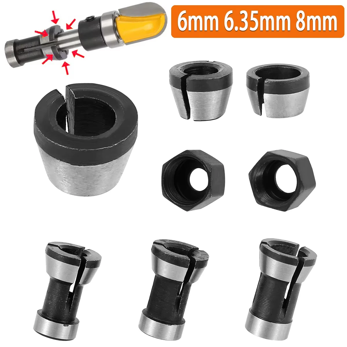 8Pcs Fräser Spannzangenadapter 6/ 6,35/8mm Trimmer Spannzangenfutter Fräser Zubehör Werkzeug für Graviermaschine