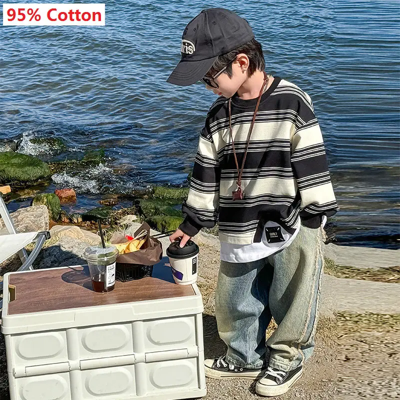 Teens Kids Streetwear Pants Boys Korean Childrens Clothing 2025 Spring New Trousers Straight Cylinder Causal Jeans Elastic Waist
