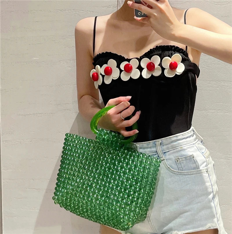 Green Transparent Crystal Bag Women\'s Fashion Retro Simple Handbag Beach Holiday Hand Woven Beaded Bags 2023 New Ladies Clutches