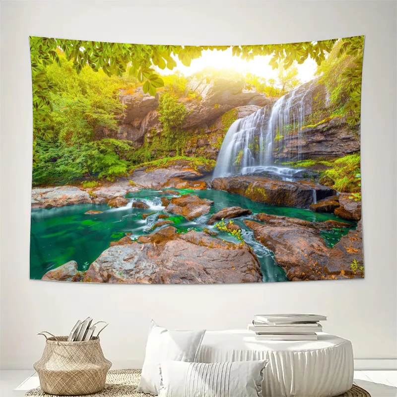 Realistic Waterfall Landscape Wall Tapestry Photo Print Decoration for Living Room Bedroom Tropical Jungle Nature Forest Art Dec