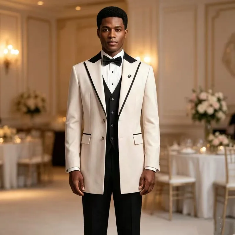 Three‑Pieces Long Suits for Men Peak Lapel Formal Wedding Tuxedo Groom Suit Separates for Prom Evening Blazer Vest Pants Outfit