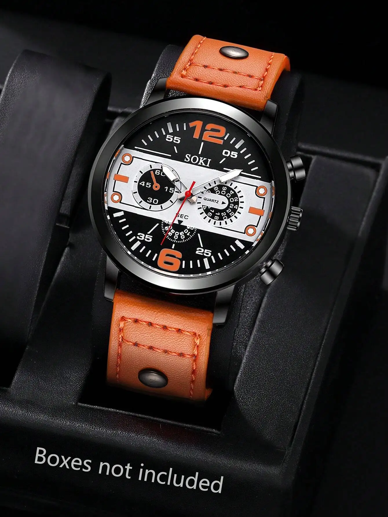 

Мужские часы-хронограф с оранжевым кожаным ремешком, черным циферблатом и кварцевым механизмом