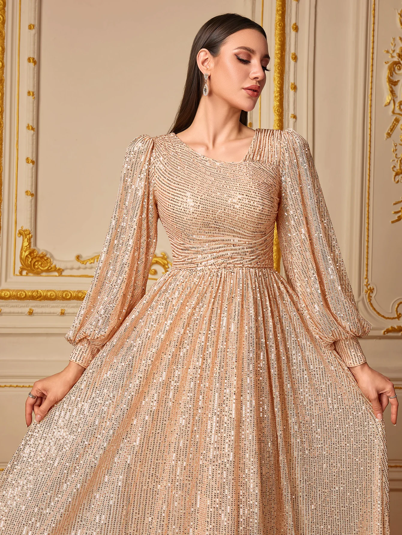 UNITHORSE Women's V-Neck Long Sleeve Sparkling Sequin Fish Tail Evening Party Dress One Piece Gown