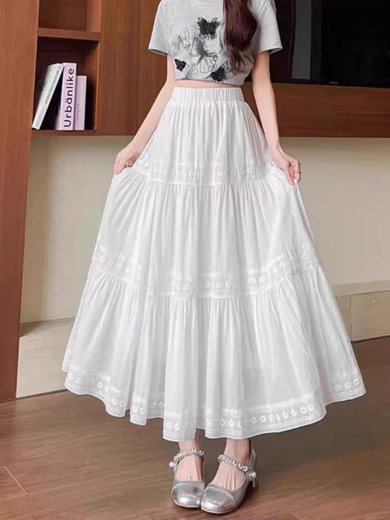 

Korean Sweet Gentle Style Embroidered Hook Flower Splicing Skirt For Women Summer Medium Length A-Line Cake Skirt W186