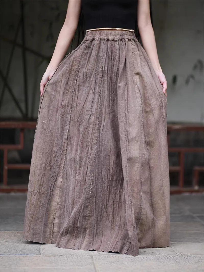 TIYIHAILEY Long Maxi A-line Elastic High Waist Women Cotton And Linen Skirts 2026 New Fashion Ladies Skirt Br Brown Khaki Tie-dy
