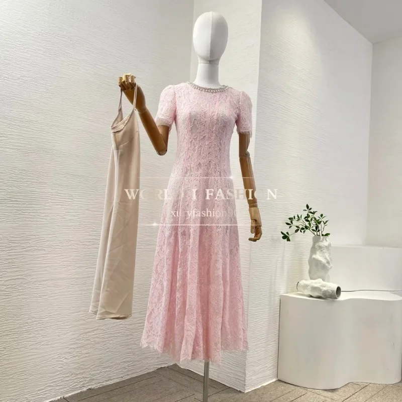 2025 Nowa wysokiej jakości różowa sukienka damska z krótkim rękawem i koronką na imprezę