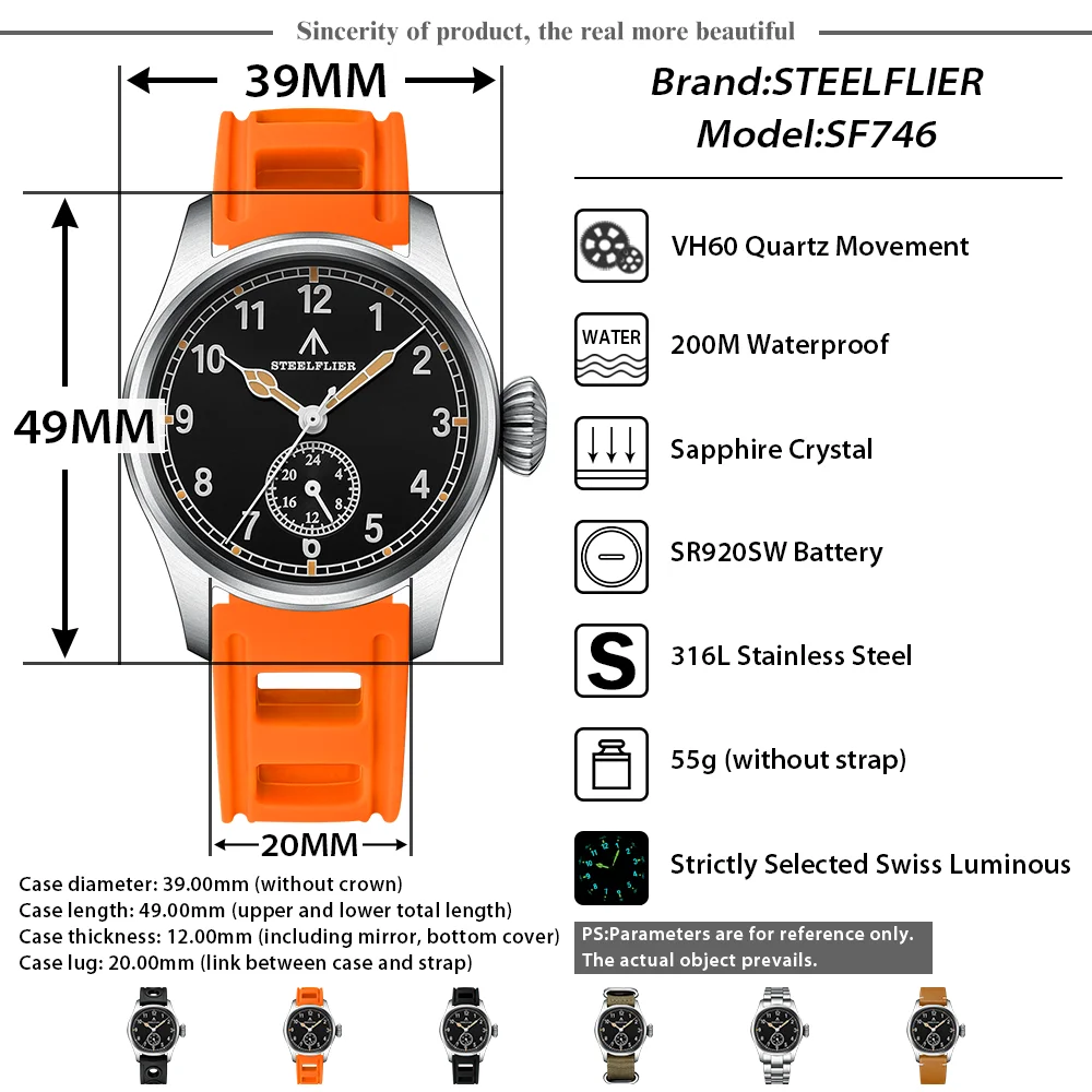 STEELFLIER Offizielle SF746 Luxus-Quarz-Armbanduhr Swiss Luminous VH60 Mute-Uhrwerk 20Bar wasserdichte Multi-Zeitzonen-Uhren – Detail 2