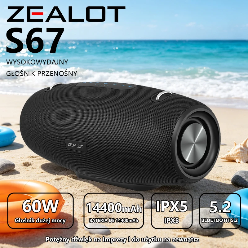 Zealot-S67, altoparlante Bluetooth portatile da 60 W, altoparlante wireless per esterni, altoparlante ad alta potenza, eccellente riproduzione dei bassi, altoparlante con effetto sonoro 3D.