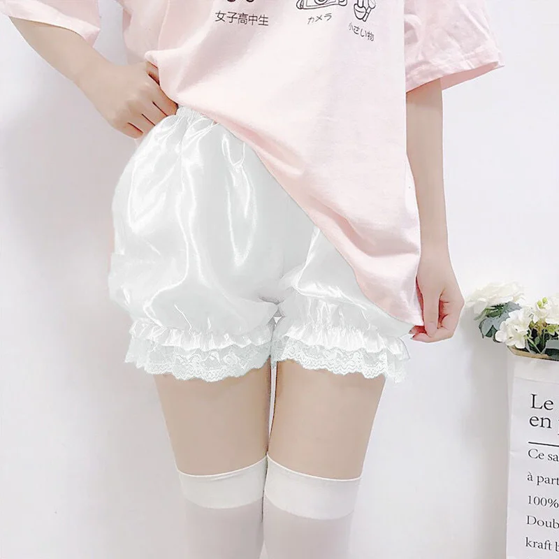 Women Lace Short Panties Imitation Silk Ruffle Bloomers Anti Exposure Safety Pants Lolita Satin Knickers Shorts Dress Pettipant