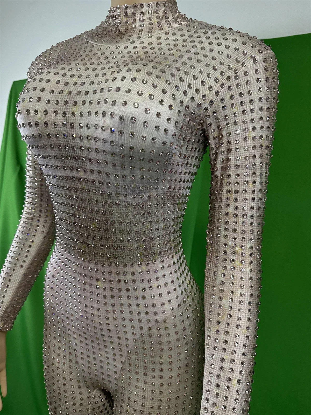 Kombinezony damskie ze spandexu, elastyczne, w całości wysadzane cyrkoniami, błyszczące, do tańca na rurze, dla DJ-ek, DS, do klubu nocnego, srebrne stroje, kostiumy drag queen.