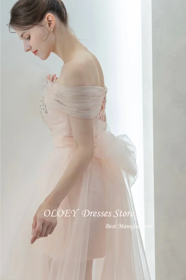 OLOEY 핑크 공주 한국 웨딩 드레스 a 라인 오프 숄더 댄스 파티 드레스 바닥 길이 사진 Shooy 댄스 파티 드레스