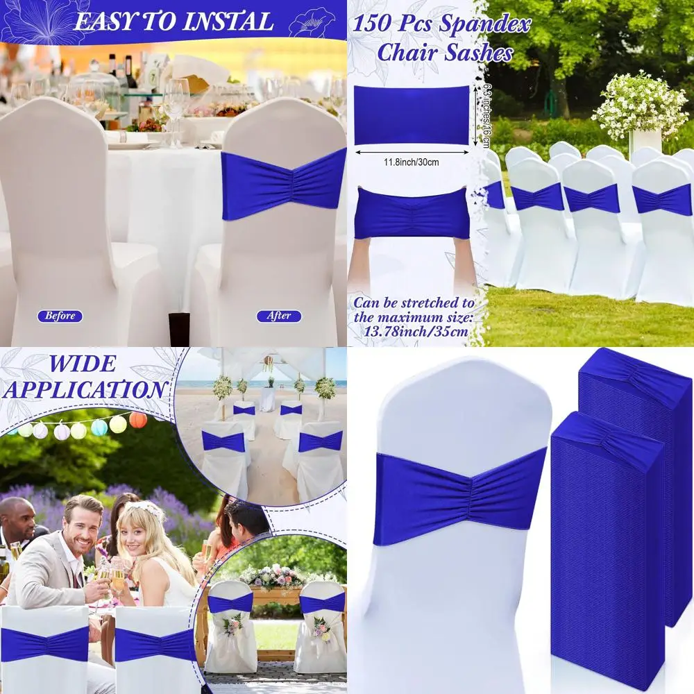 

150 Pcs Spandex Chair Sashes Bows for Weddings, Birthdays, and Banquets - Blue Elastic Seat Decorations