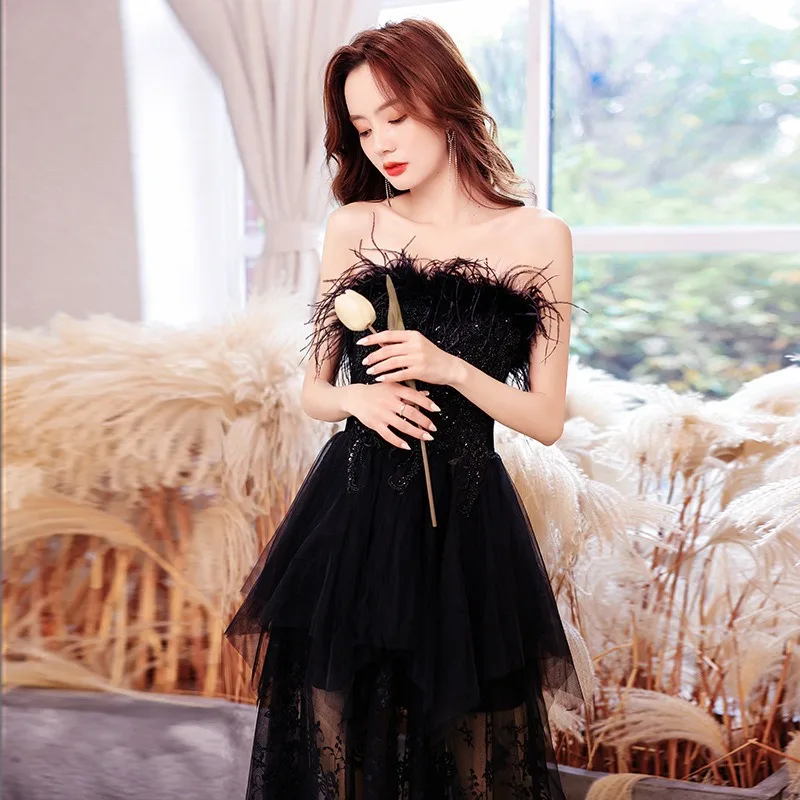 Preto banquete vestido de noite 2025 nova primavera e verão temperamento tubo superior aniversário formal vestido feminino elegante vestidos de noite