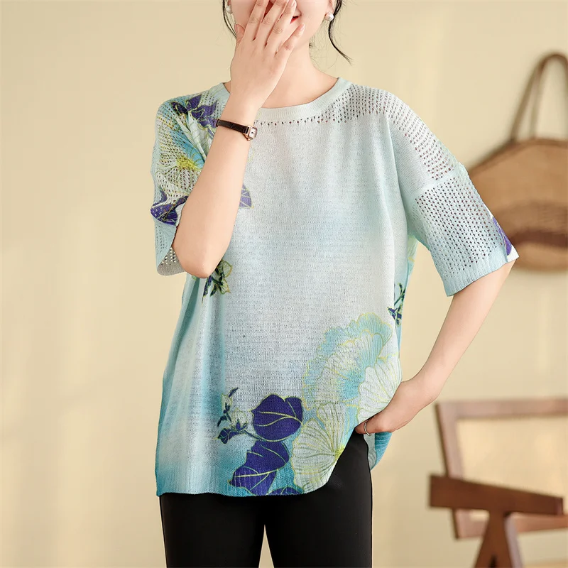 

Summer Knitted T Shirt Women Sweater Pullovers Clothes Quality Tees Top Short Sleeve Casual Floral print Hollow Women's T-shirt