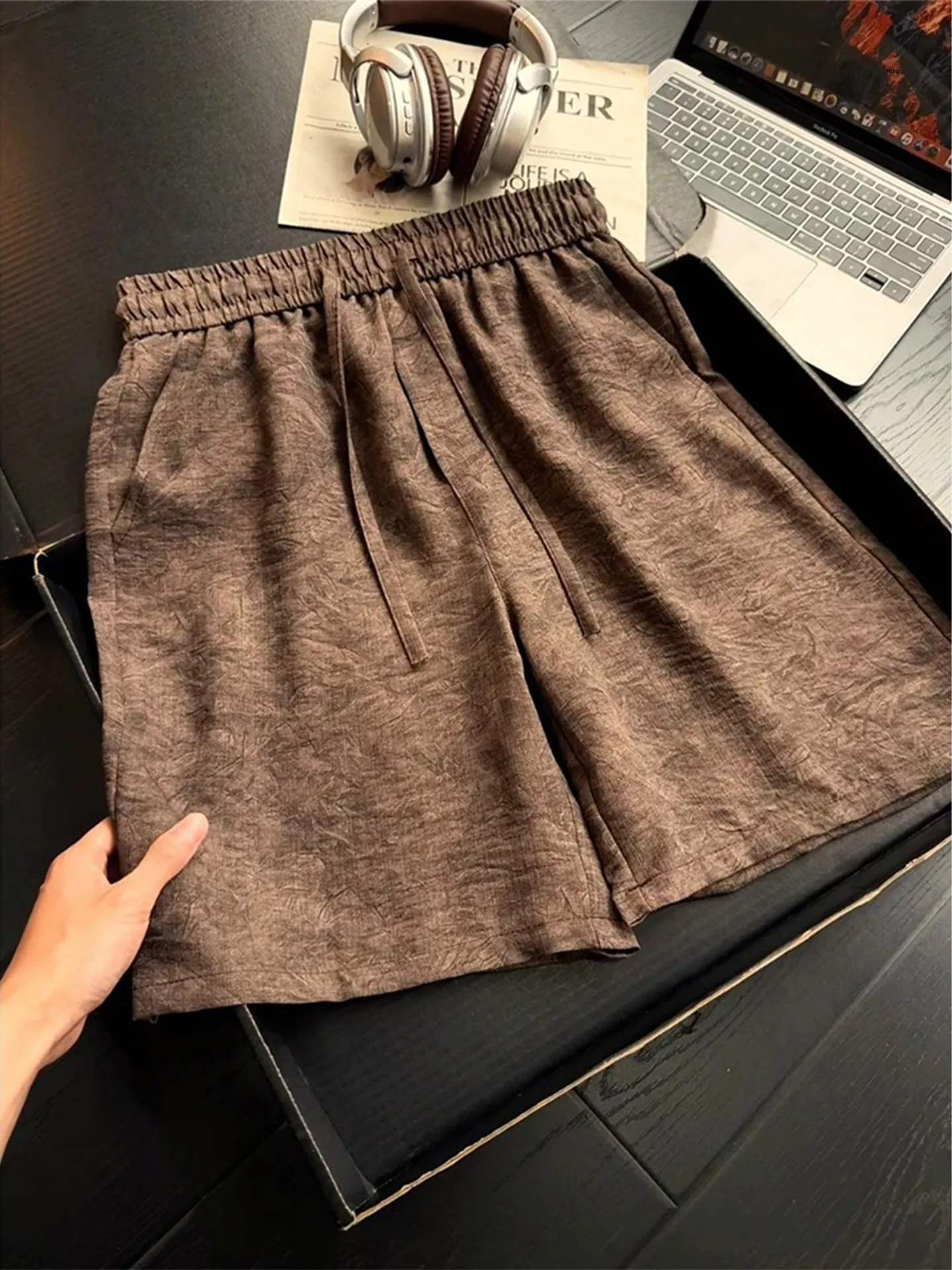 

Caramel Dyed Ice Silk Linen Shorts Men's Summer Thin Sport Pants Loose Casual Five-Quarter Length Tied Dyeing Process