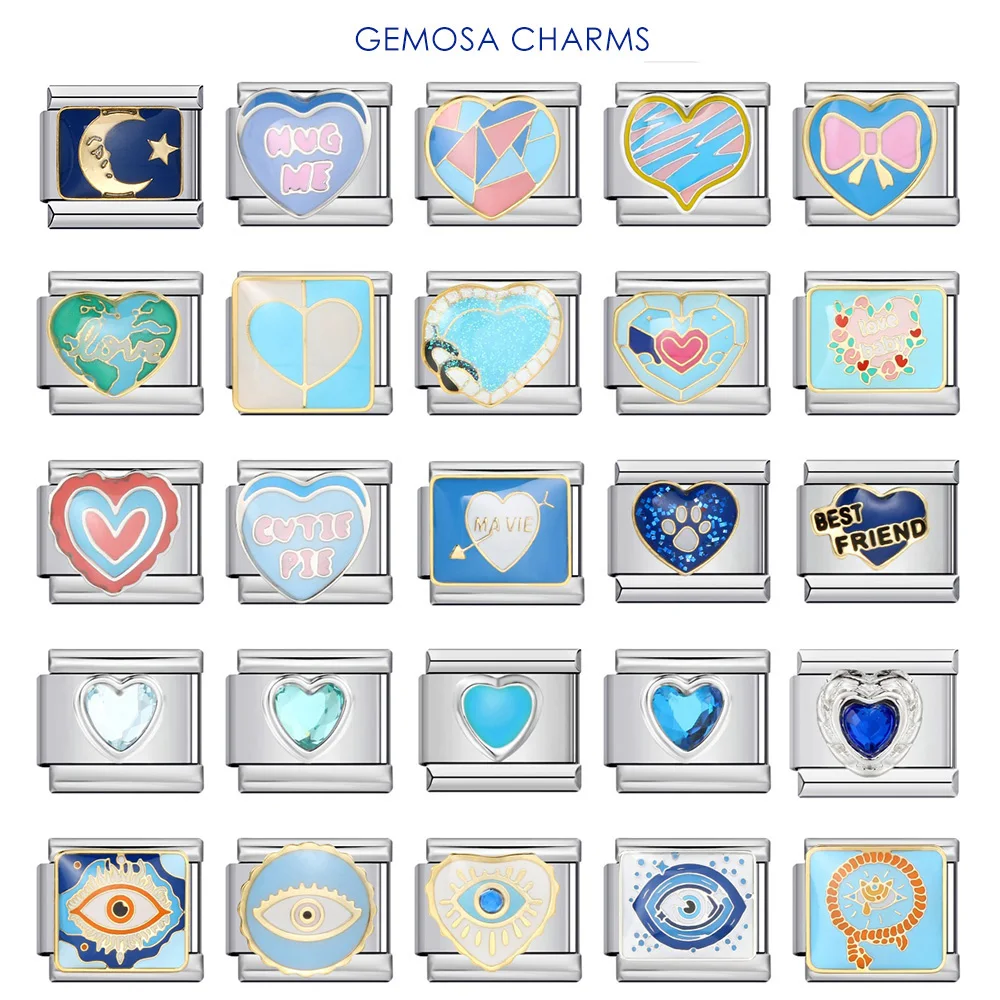 GEMOSA Dainty Cute Y2k Blue Heart Italian Charm Link Fit 9mm Stainless Steel Bracelet Making DIY Beads Fashion Jewelry Gifts