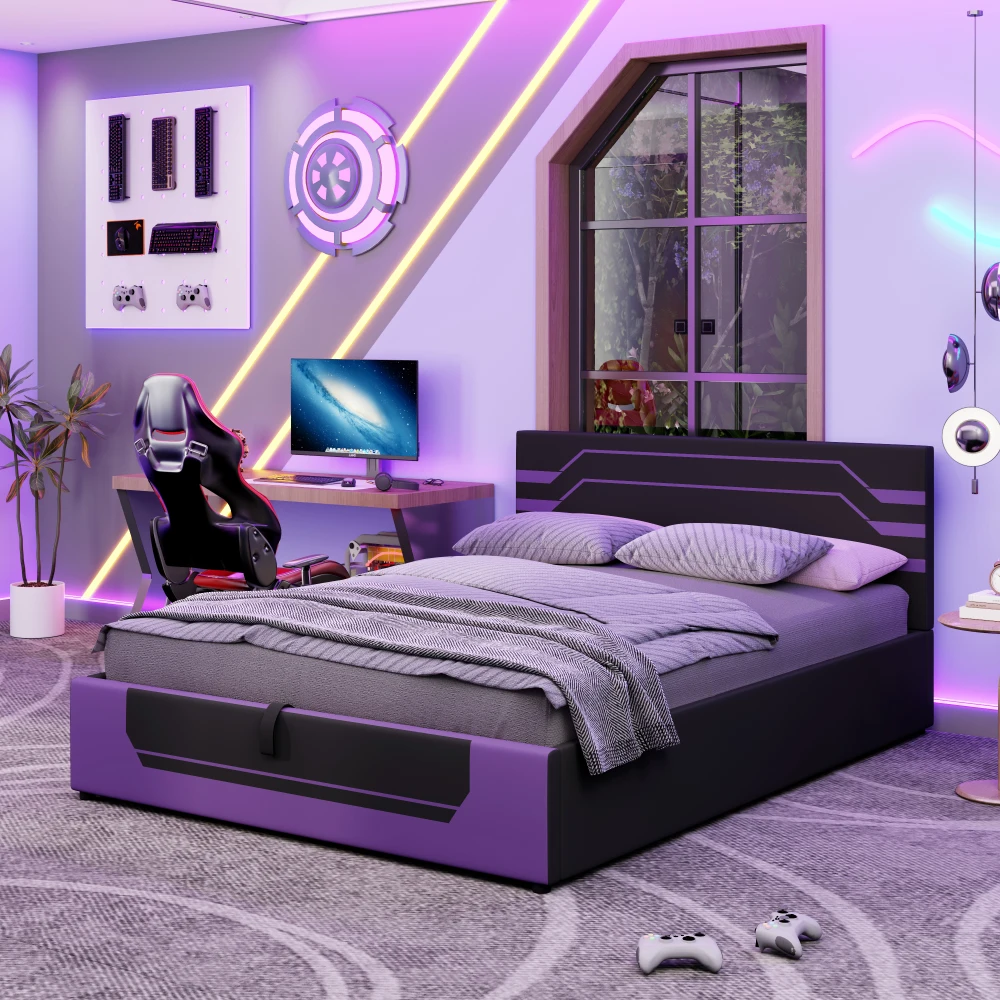 

Queen Size Hydraulic Storage Gaming Bed Frame: Esports Cyberpunk for Gamers/GenZ, Black+Purple