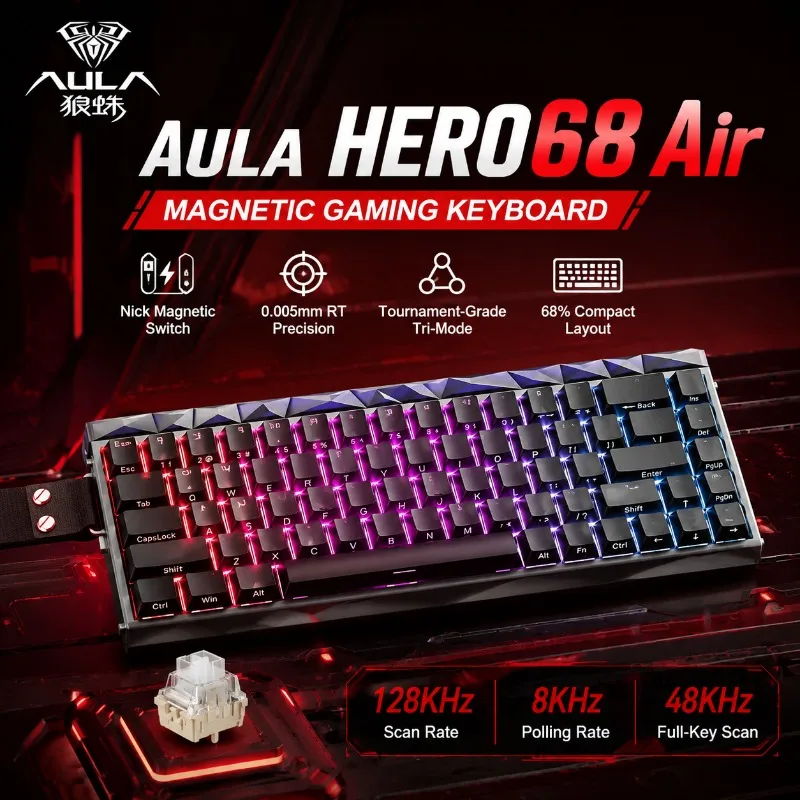 Teclado Gamer Magnético AULA HERO68 Air, 3 Modos Sem Fio, Hot Swap, RGB, Taxa de Polling de 8KHz, Rapid Trigger, Baixa Latência RT de 0.005mm