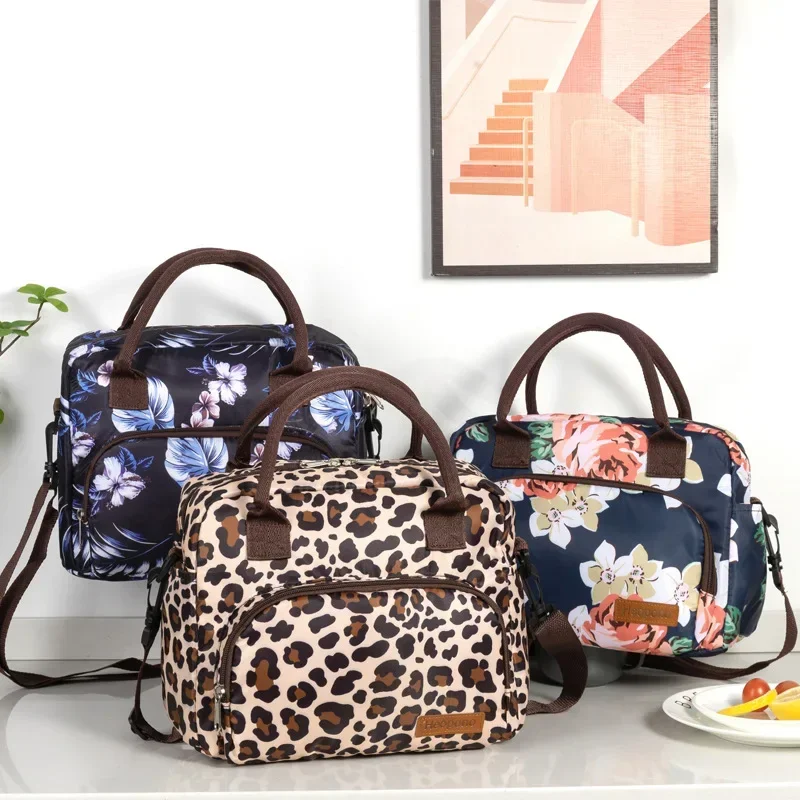 Leopard Print Oxford Cloth Food Insulation Bag Handheld Crossbody Ice Pack for Picnic Travel Food Preservation Storage Bag