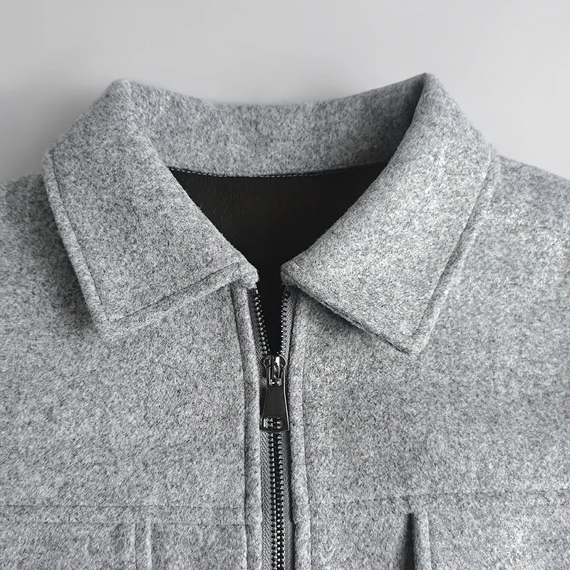 Kunstleder-Patchwork Wolljacken für Damen Street-Style Revers Langarm Reißverschluss Paneelierte Locker Sitzende Jacke Schicke Damen-Oberbekleidung Neu – Detail 6