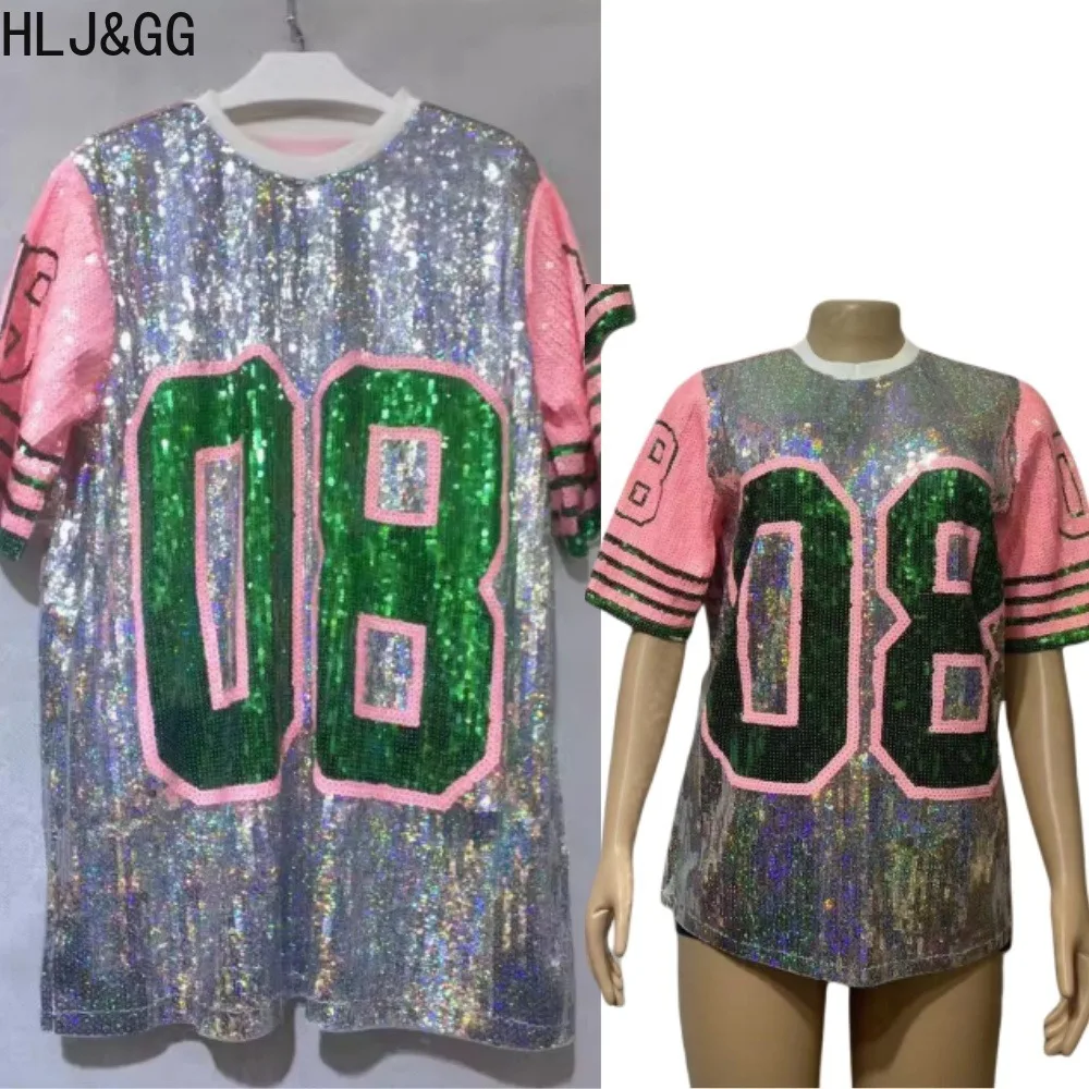 

HLJ&GG Summer New Letter Sequin Loose Tshirts Women Round Neck Short Sleeve Straight Tops Fashion Y2K Sparkling Streetwear Top