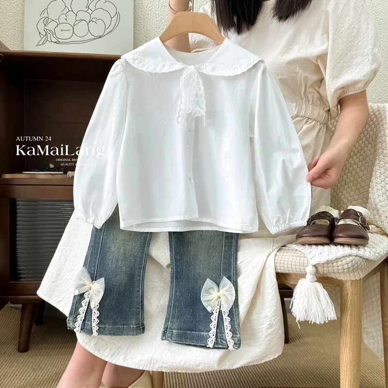 

Рубашка для девочек, Новинка осени 2024, модная женская белая рубашка с кукольным воротником, простая повседневная одежда, детские блузки в простом Корейском стиле