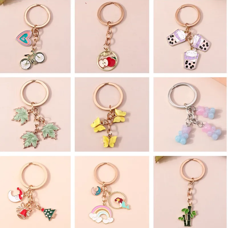 Cute Animal Bear Keychains Enamel Fruit Apple Butterfly Flower Key Rings for Women Men Handbag Car Key DIY Jewelry Crafts Access