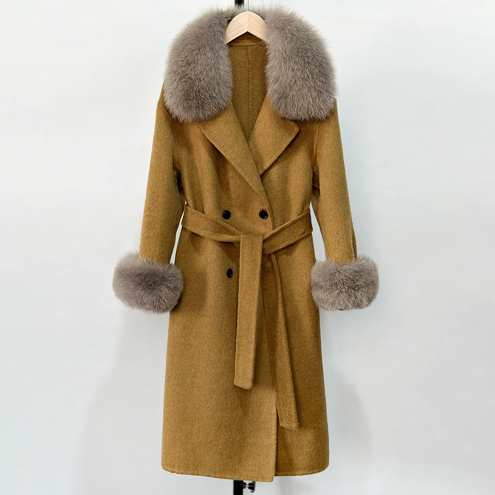 

Шерстяная куртка, осенняя верхняя одежда с воротником из натурального лисьего меха, женская верхняя одежда, новинка 2025, модное зимнее кашемировое пальто из смесовой шерсти, меховая куртка