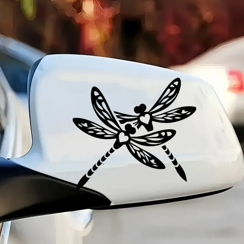 1Pc 2D Flat Dragonfly Couple Waterproof Sticker, Romantic Heart Vinyl Decal for Car Mirror and Motorcycle Helmet Decor