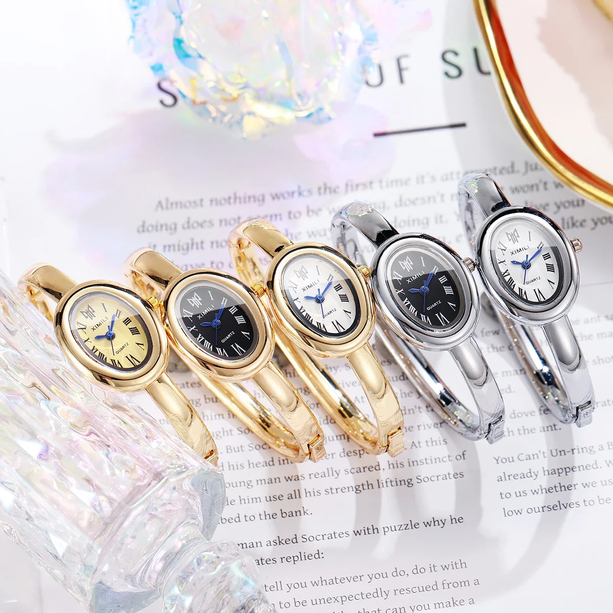 2026Women Vintage Oval Roman Dial Gold Open Bangle Bracelet Quartz Watch