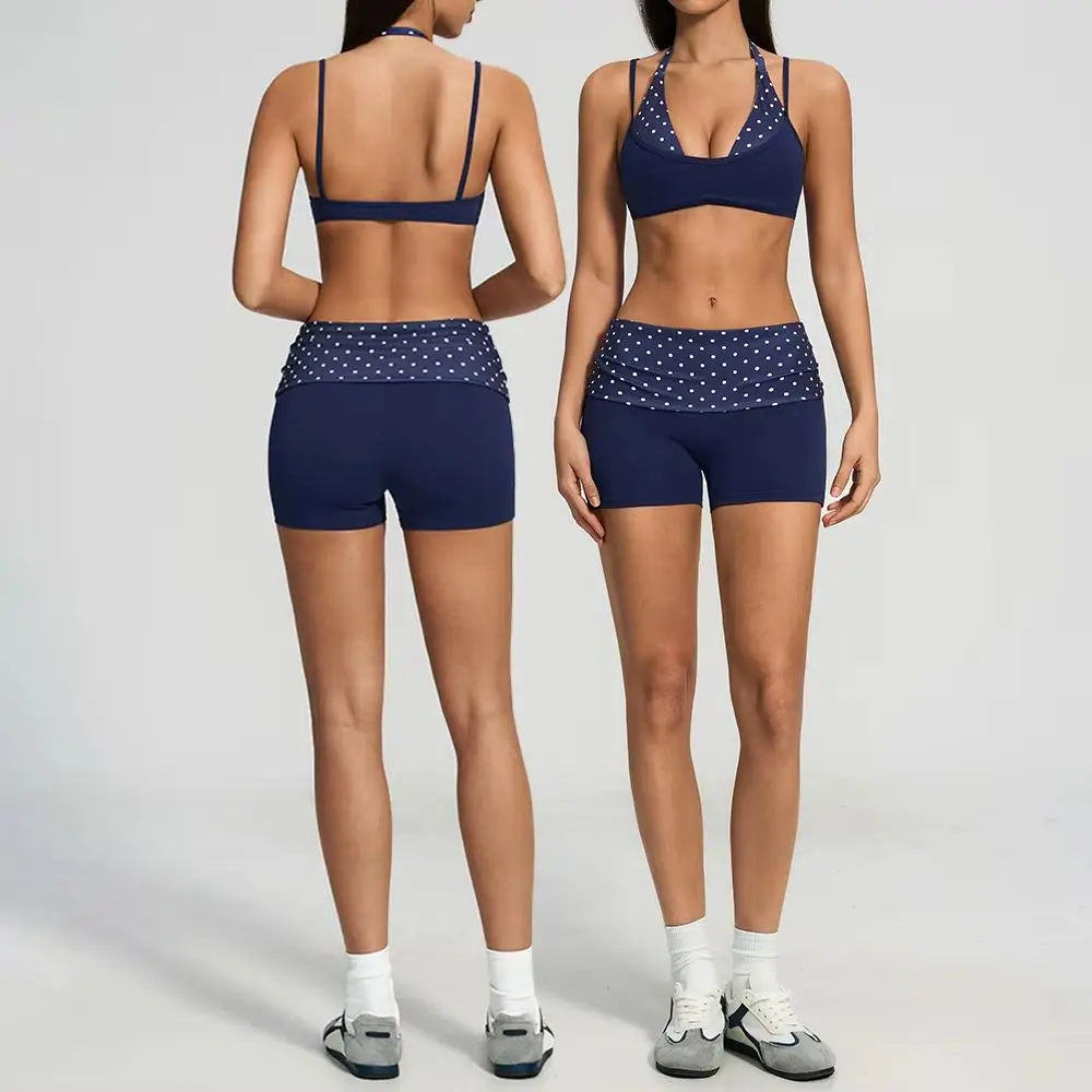 Women 2Pcs Yoga Set Halter Neck Sports Bra Fold Over Waist Polka Dot Striped Biker Shorts Gym Outfit Workout Suit Running Shorts