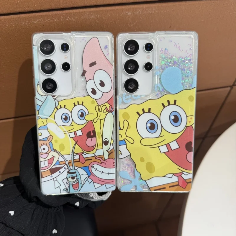 

Cute Cartoon S-SpongeBob P-Patrick Star Glitter quicksand Phone Case For Samsung S22 S23 S24 S25 Ultra Plus FE Glitter Cover