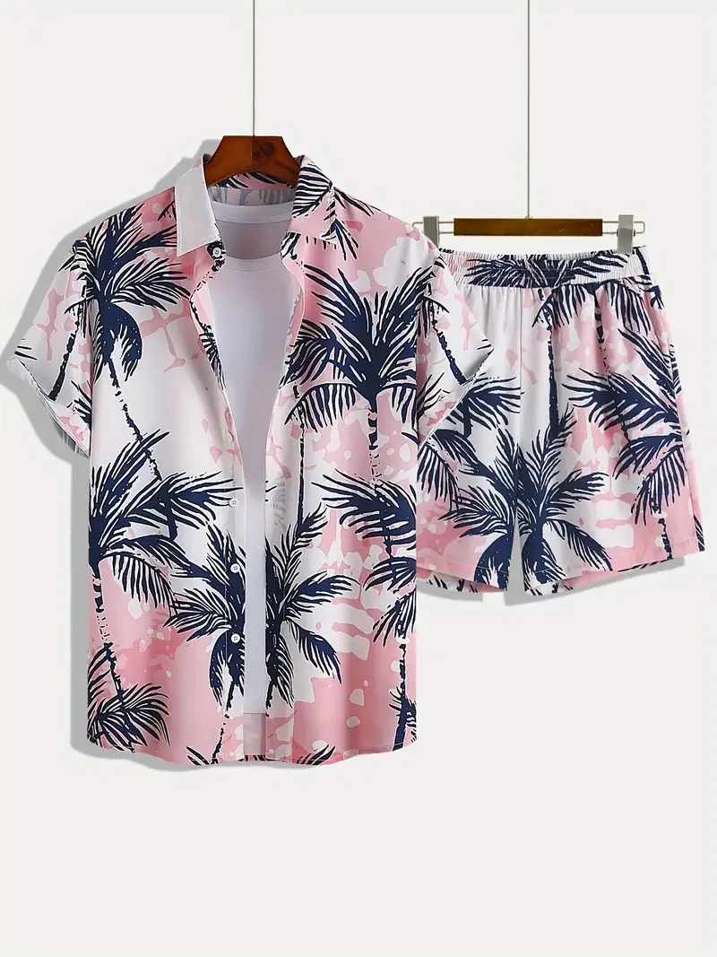2025 Simple All-in-one Men's Shirt Set Coconut Tree Print 3D Printed Shirt And Shorts Set Summer Casual Vacation Hawaiian Shirt