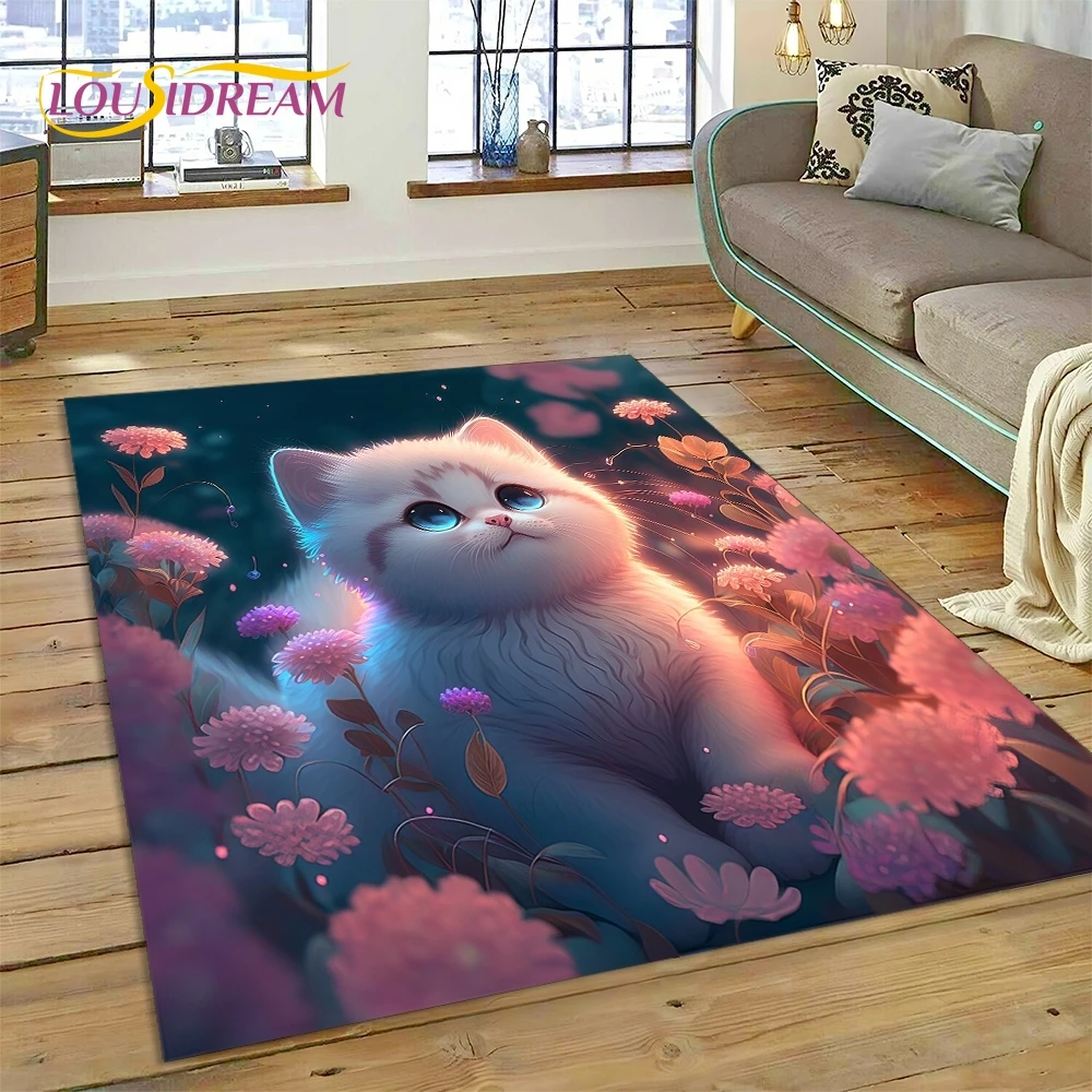Cute Persian & Calico Cat Cartoon Area Rug–Non-Slip Pet-Themed Carpet for Living Room or Bedroom–Kids Floor Mat, Sofa Side Decor