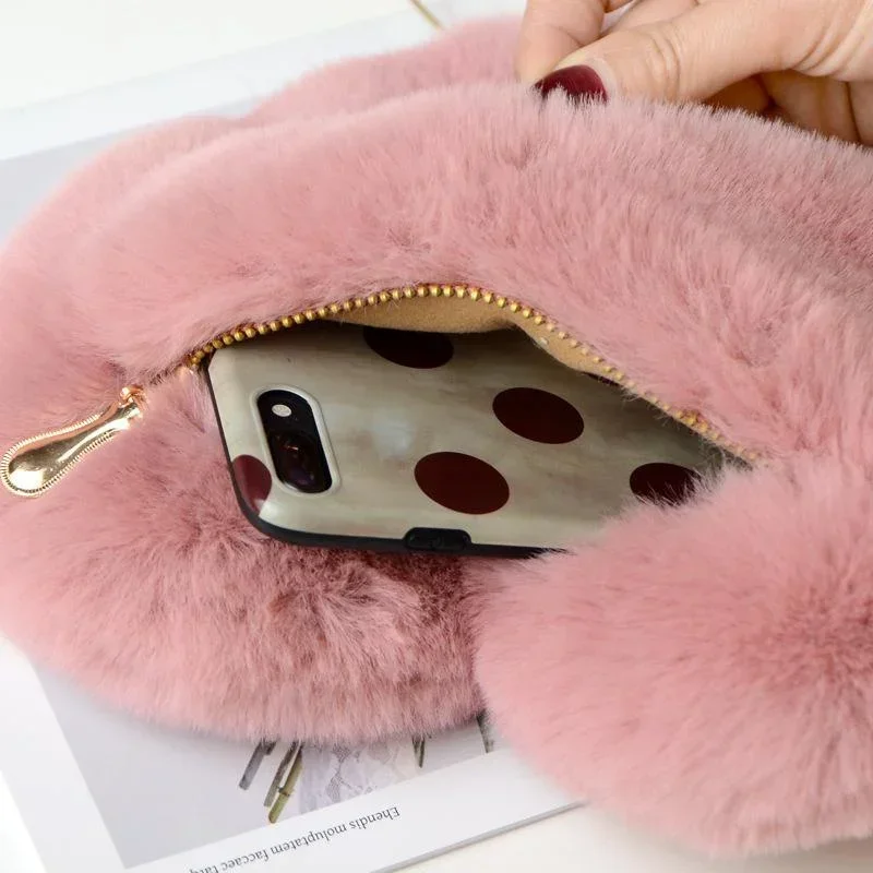 Fashion Women\'s Heart Shaped Handbags Cute Kawaii Faux Fur Crossbody Bags Wallet Purse Plush Chain Shoulder Bag Lady Handbag