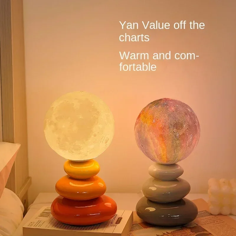 

Table Lamps for Bedroom Home Decor Ceramic Desk Lamp Cream Wind Premium Planet Lamp Ambient Decorative Night Light Stacked Stone