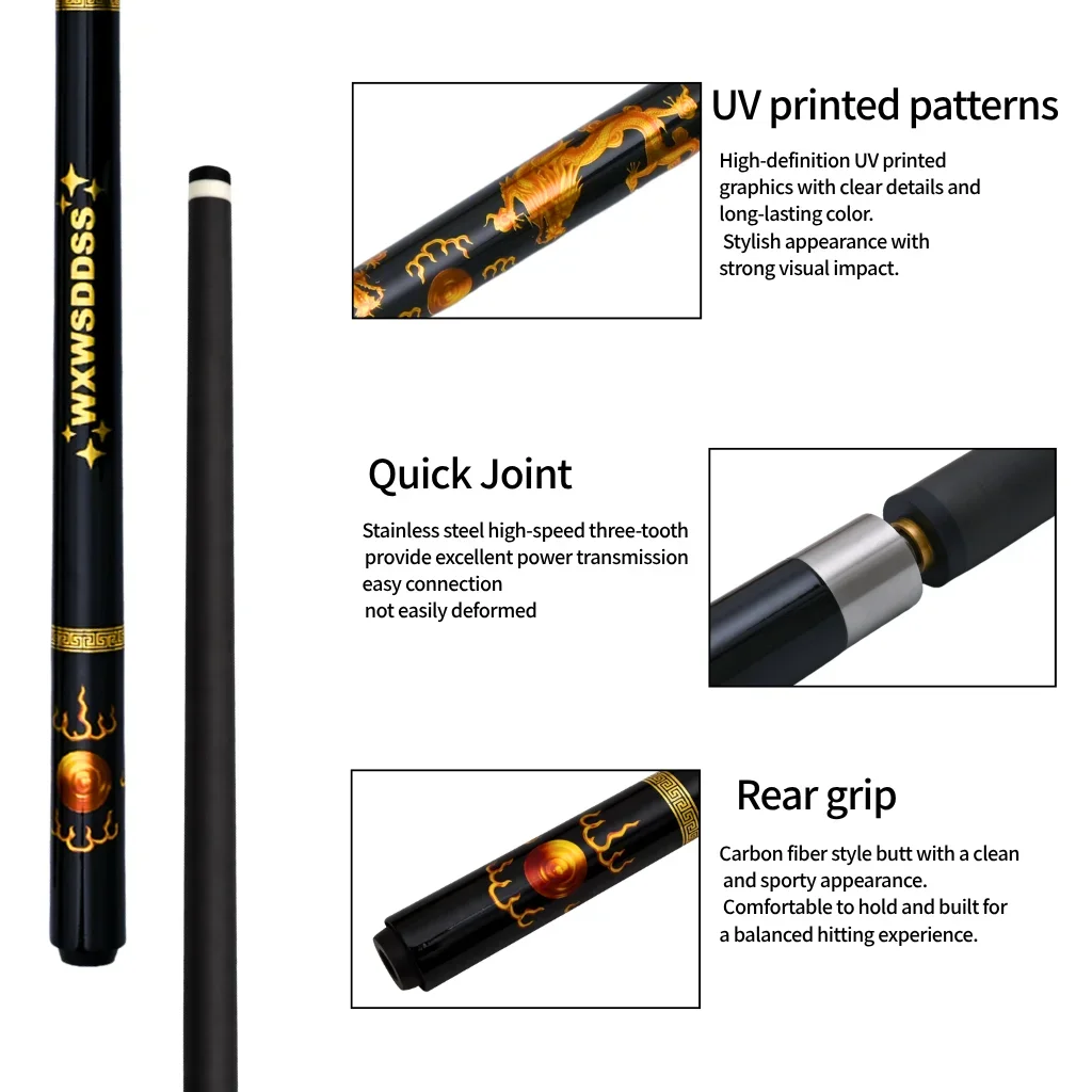 12.5mm Carbon Low Deflection Pool Cue Golden Glossy Pro Taper Shaft Multi Layer Tip Screw Extension Butt Cap for Adult Player