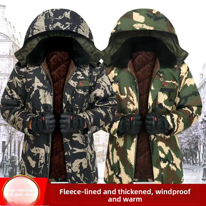 

Winter Camouflage Thiened Fce Lined Regular Fit Cotton Jaet Cold Resistant Workwear Long Zipper Closure Polyester Fiber