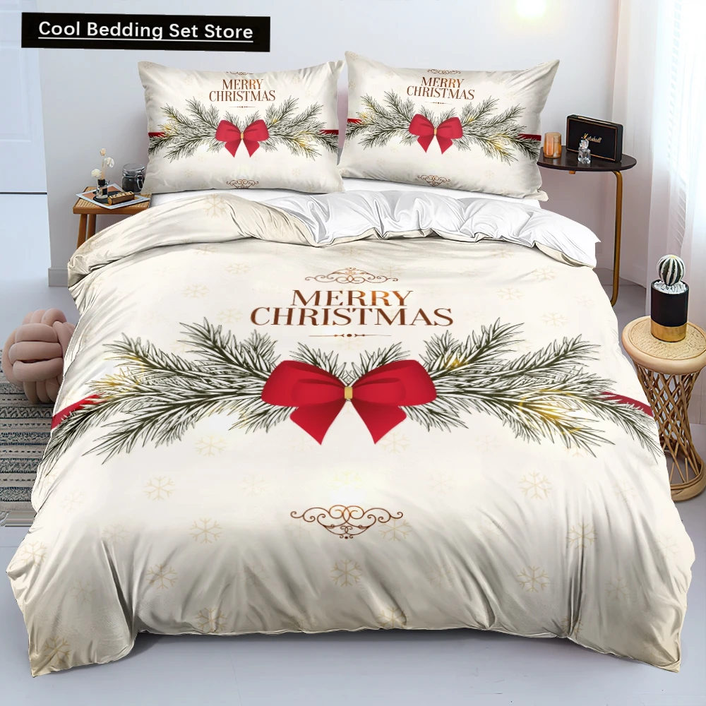 

3D Merry Christmas White Bedding Sets XMAS Duvet/Quilt Cover Set Polyester Comforter Cover King Queen Full Twin Red Bow Beige