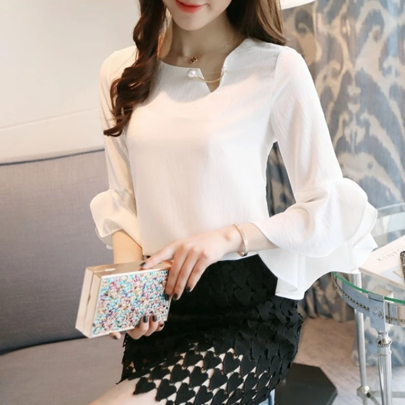 

Summer half-sleeved loose Blouses ruffled chiffon shirt
