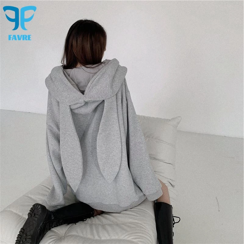 FAVRE Kawaii Cute Bunny Ear Sweatshirts Zipper Women Solid Fleece Hoodies Y2K Autumn Winter Long Cardigan Casual Loose Outwear