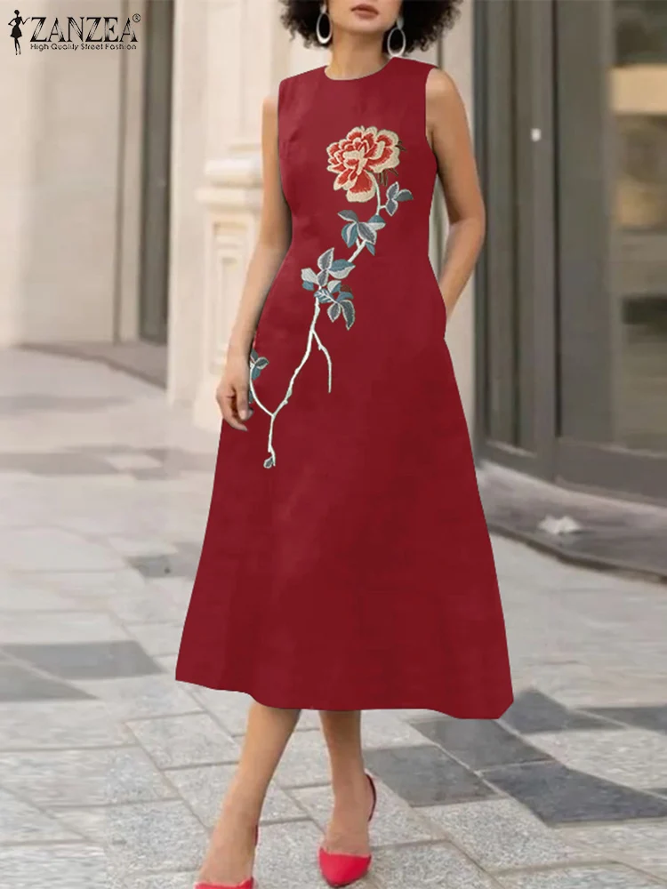 

ZANZEA Elegant Women Sleeveless Party Dress Bohemain Holiday Work Vestidos Casual O Neck Robe Summer Floral Embroidery Sundress