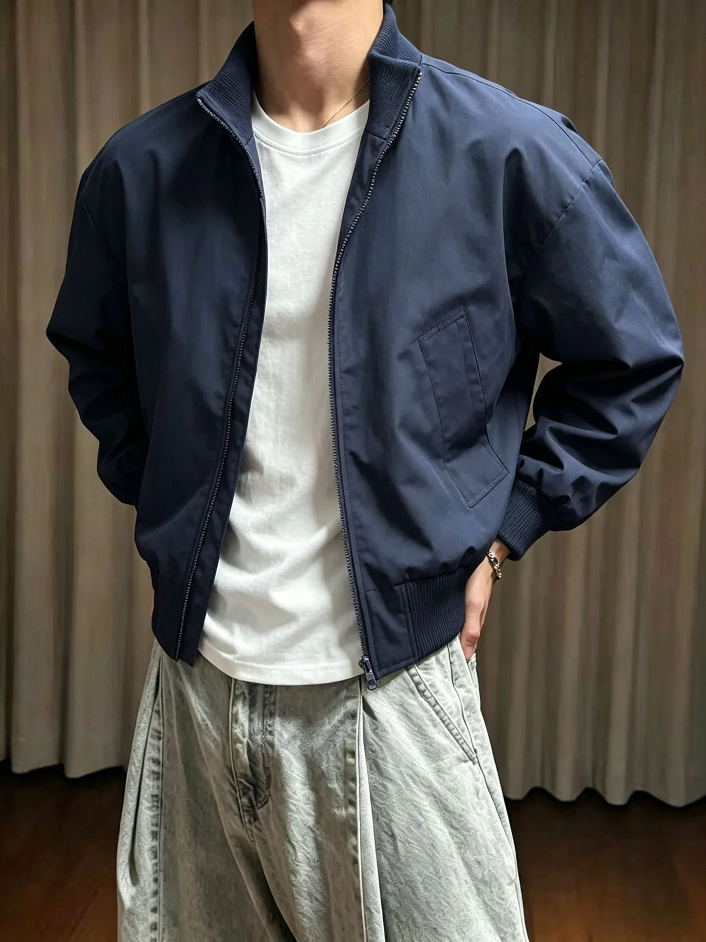 Blue American Style  Flight Jacket Men's Autumn Cleanfit Stand Collar Baseball Uniform Outerwear Three-proof Fleece Jacket