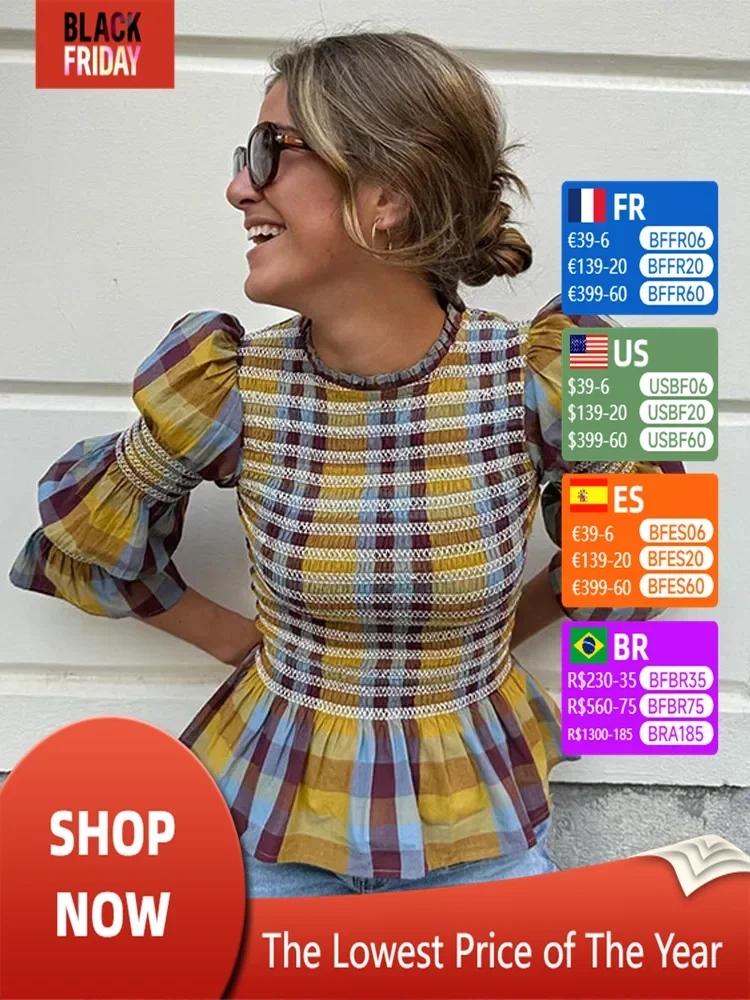 Elegant Plaid Ruffles Pleated Shirts For Women Fashion Round Collar Long Sleeved Tops New Spring Causal Fit Female Streetwear