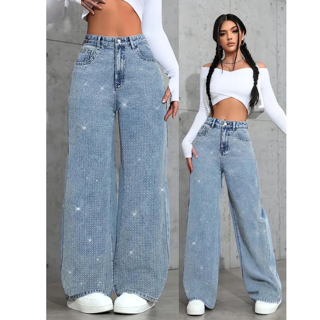 

Plus Size5XL4XL Retro Washed Diamond-encrusted Jeans Women's Sense High-waisted Straight-leg Pants Loose Wide-leg Mopping Pants