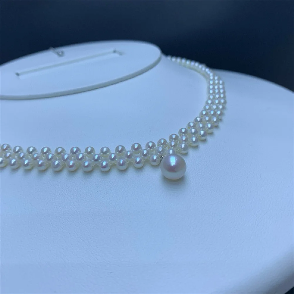 Fresh and Sweet/Handmade Knitted Necklace AAAA3-7mm Natural Pearl Necklace, Length 40+5cm